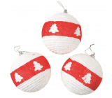 White baubles with a tree and a red stripe 8 cm 3 pieces