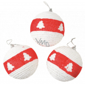 White baubles with a tree and a red stripe 8 cm 3 pieces