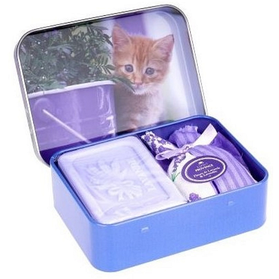 Esprit Provence Lavender toilet soap 60 g + scented bag + tin box with a picture of a kitten, cosmetic set for women