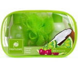 Idc Institute Fruit & Care Coconut, Lime & Cherry Cestovní set sprchový gel 100 ml + tělové mléko 100 ml + mycí houbička + etue, kosmetická sada