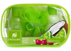 Idc Institute Fruit & Care Coconut, Lime & Cherry Cestovní set sprchový gel 100 ml + tělové mléko 100 ml + mycí houbička + etue, kosmetická sada