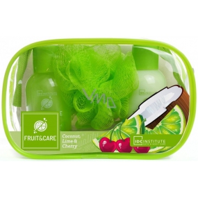 Idc Institute Fruit & Care Coconut, Lime & Cherry Travel set shower gel 100 ml + body lotion 100 ml + washing sponge + case, cosmetic set
