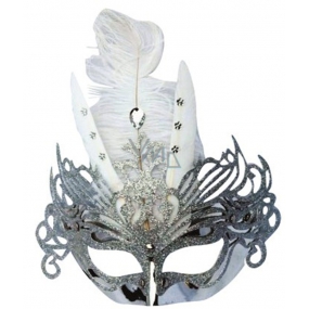 Silver ball mask with white feathers 30 cm