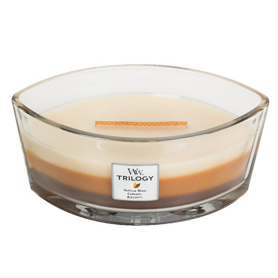 WoodWick Trilogy Cafe Sweets - Scented Candle with Wooden Wide Wick and Lid Boat 453 g