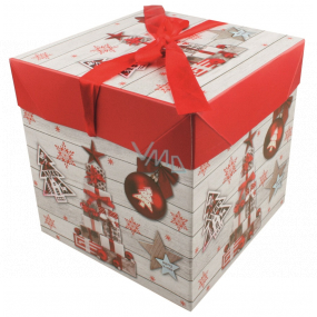 Folding gift box with Christmas ribbon with gifts and decorations 21.5 x 21.5 x 21.5 cm