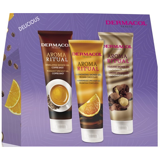 Dermacol Aroma Ritual Coffee Shot creamy shower gel 250 ml + Belgian Chocolate harmonizing shower gel 250 ml + Macadamia Truffle delicious shower gel 250 ml, cosmetic set for women