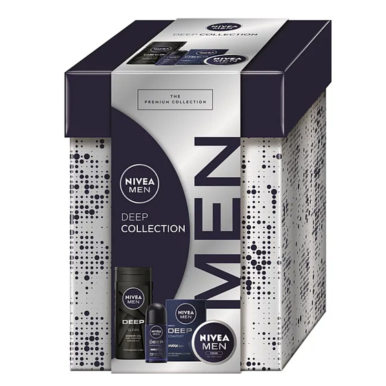 Nivea Men Deep Collection Comfort After Shave 100 ml + Nivea Men Creme Face, Body and Hands Cream 75 ml + Nivea Men Deep Darkwood Antiperspirant Roll-On 50 ml + Nivea Men Deep Clean Shower Gel 250 ml, Cosmetic Set for Men