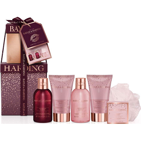 Baylis & Harding Cranberry Martini washing gel 100 ml + shower cream 100 ml + body lotion 50 ml + hand cream 50 ml + bath crystals 25 g + washing cloth, cosmetic set