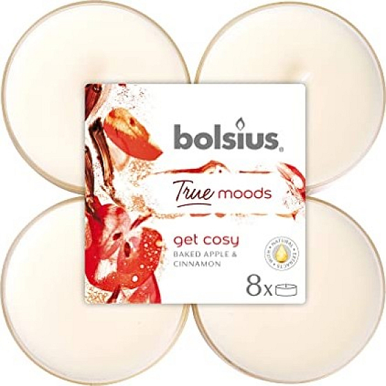 Bolsius True Moods Get Cozy Baked Apple & Cinnamon - Baked apple and cinnamon maxi scented tea candles 8 pieces, burning time 8 hours