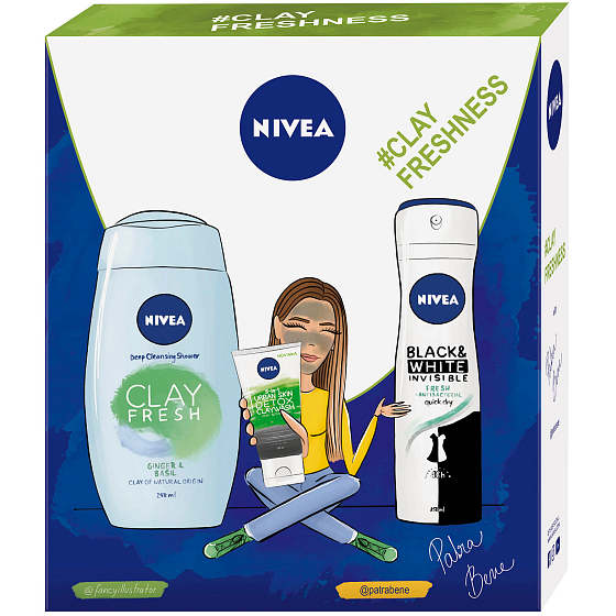 Nivea Clay Fresh Ginger & Basil Shower Gel with Clay 250 ml + Black & White Fresh antiperspirant spray for women 150 ml + Urban Skin Detox 3 in 1 cleansing cream 150 ml, cosmetic set