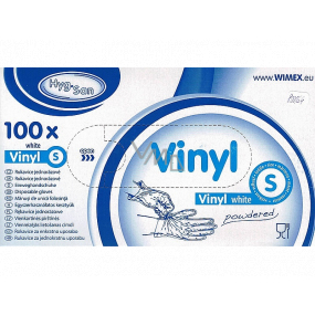Wimex Hygienic disposable vinyl powdered white gloves, size S, box of 100 pieces