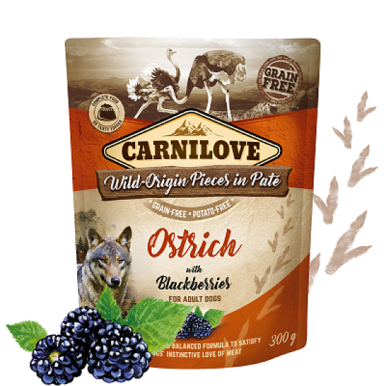 Carnilove Dog Pouch Paté Ostrich with Blackberries Grain-Free Pouches for Adult Dogs 300 g