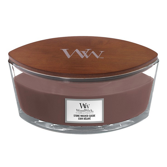 WoodWick Stone Washed Suede - Washed suede scented candle with wooden wide wick and lid glass boat 453 g