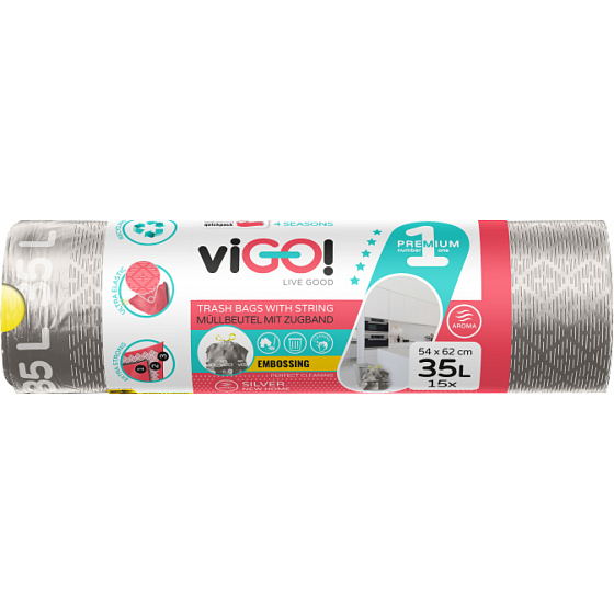 viGO! Premium retractable waste bags, 26 µ, 54 × 62 cm, 35 l, 15 pcs