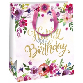 Ditipo Gift paper bag 26.4 x 13.6 x 32.7 cm white, with flowers Happy QAB Glitter