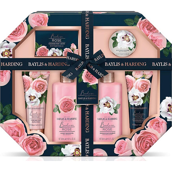 Baylis & Harding Fresh roses shower gel 300 ml + bath foam 300 ml + body lotion 130 ml + cleansing gel 130 ml + toilet soap 100 g + bath crystals 100 g + washcloth, cosmetic set