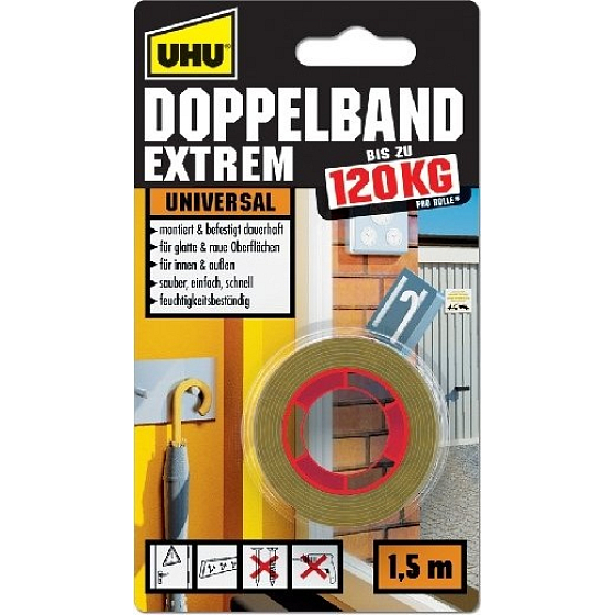 Uhu Double-Sided Tape Extreme 120 kg super strong double-sided adhesive tape for indoor and outdoor use 1.5 m