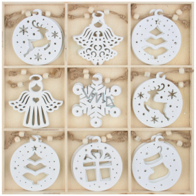 Wooden decoration for hanging white 6 cm 27 pieces, in a box