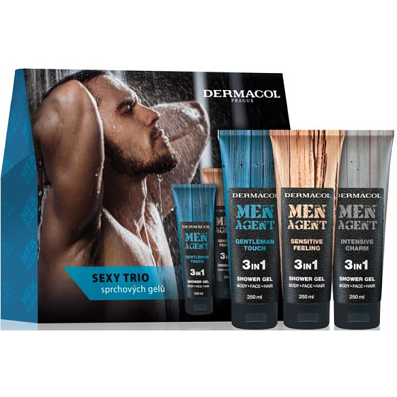 Dermacol Men Agent Sexy Trio Gentleman Touch 3 in 1 shower gel 250 ml + Sensitive Feeling 3 in 1 shower gel 250 ml + Intensive Charm 3 in 1 shower gel 250 ml, cosmetic set