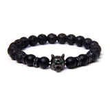 Lava black + Wolf's head bracelet elastic natural stone, ball 8 mm / 21 cm, born of the four elements