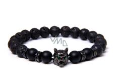 Lava black + Wolf's head bracelet elastic natural stone, ball 8 mm / 21 cm, born of the four elements