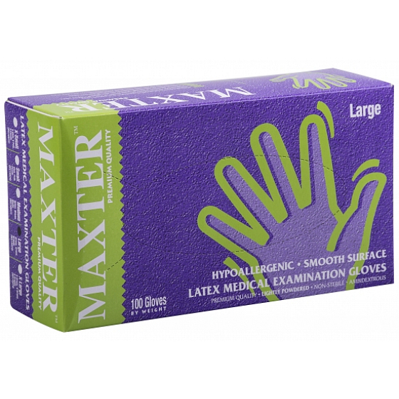 Maxter Hygienic Disposable Latex Hypoallergenic Powdered Gloves, Size L, Box of 100 Pieces