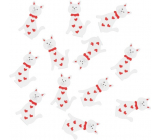 Wooden cat with glue with red bow white 4 cm 12 pieces