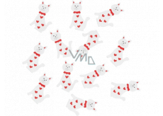 Wooden cat with glue with red bow white 4 cm 12 pieces