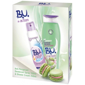 B.U. In Action Sensitive antiperspirant deodorant spray for women 150 ml + In Action Pistachio Macaron shower gel 250 ml, cosmetic set