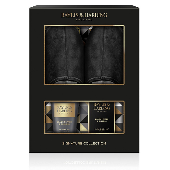 Baylis & Harding Black pepper and ginseng shower gel 140 ml + toilet soap 100 g + slippers, cosmetic set for men