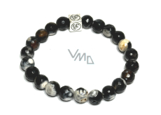 Agate black and white lace facet with royal mantra Ohm bracelet elastic natural stone, ball 8 mm / 16-17 cm, brings success to life