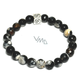 Agate black and white lace facet with royal mantra Ohm bracelet elastic natural stone, ball 8 mm / 16-17 cm, brings success to life