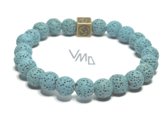 Lava light blue with royal mantra Om, bracelet elastic natural stone, ball 8 mm / 16-17 cm, born of the four elements