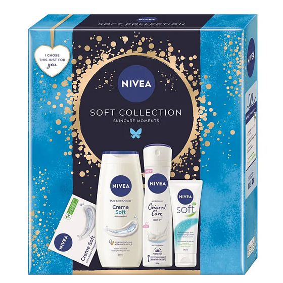 Nivea Soft Collection Soft cream in tube 75 ml + Nivea Creme Soft shower gel 250 ml + Nivea Original Care antiperspirant spray 150 ml + Nivea Creme Soft creamy toilet soap 100 ml, cosmetic set