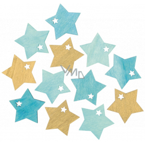 Wooden star turquoise-gold 4 cm 12 pieces