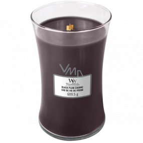 WoodWick Black Plum Cognac scented candle with wooden wick and lid glass large 609 g