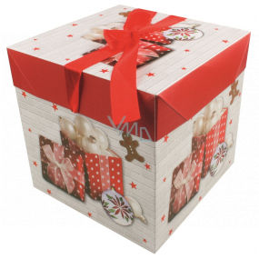 Folding gift box with Christmas ribbon with gifts and gingerbread 21.5 x 21.5 x 21.5 cm