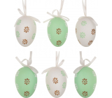 Plastic eggs for hanging green and white with flowers 6 cm 6 pieces in bag