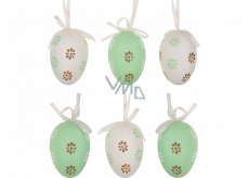 Plastic eggs for hanging green and white with flowers 6 cm 6 pieces in bag