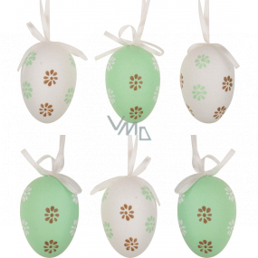 Plastic eggs for hanging green and white with flowers 6 cm 6 pieces in bag