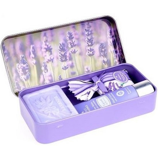 Esprit Provence Lavender toilet soap 60 g + scented bag + hand cream 30 ml + tin box with a picture of a lavender field, cosmetic set for women
