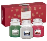 Yankee Candle Candlelit Cabin - Cottage lit by a candle + Evergreen Mist - Forest Mist + Pomegranate Gin Fizz - Pomegranate Gin Fizz scented candle Classic small glass 3 x 104 g, Christmas gift set