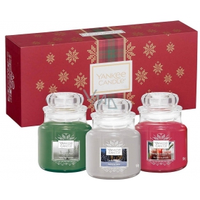 Yankee Candle Candlelit Cabin - Cottage lit by a candle + Evergreen Mist - Forest Mist + Pomegranate Gin Fizz - Pomegranate Gin Fizz scented candle Classic small glass 3 x 104 g, Christmas gift set