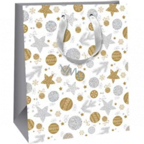 Ditipo Gift paper bag 26.4 x 13.6 x 32.7 cm Glitter Christmas white - silver and gold circles and stars