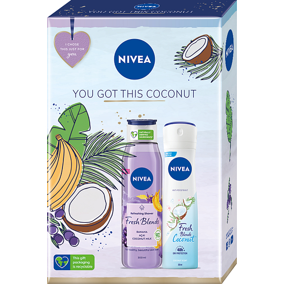 Nivea You Got This Coconut Fresh Blends Banana & Acai shower gel 300 ml + Coconut 48h antiperspirant deodorant spray 150 ml, cosmetic set for women