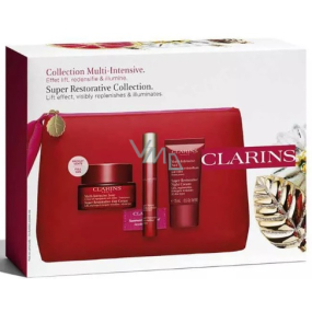 Clarins Super Restorative day cream for all skin types 50 ml + night cream for all skin types 50 ml + active serum for smoothing facial contours 10 ml + cosmetic bag, cosmetic set for women