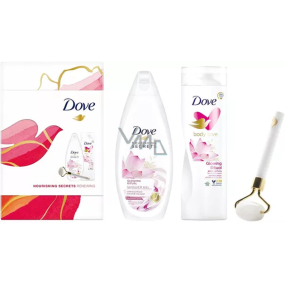 Dove Nourishing Secrets Brightening Ritual Lotus flower and rice water shower gel 250 ml + body lotion 250 ml + massage roller for face, cosmetic set for women