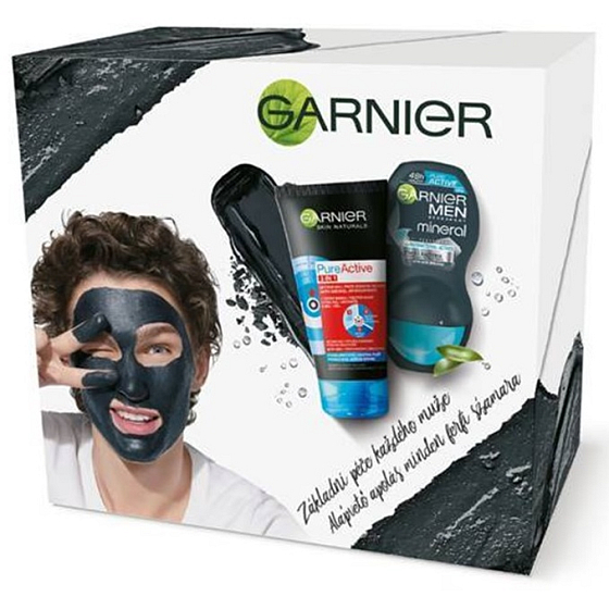 Garnier Skin Naturals Pure Active 3 in 1 activated carbon against blackheads 150 ml + Men Pure Active ball antiperspirant deodorant roll-on for men 50 ml, cosmetic set