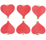 Wooden heart on a peg red 6 cm 6 pieces