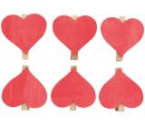Wooden heart on a red clip 6 cm 6 pieces